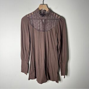Free People Lightweight Cocoa Brown Lace Mock Turtleneck Mini Dress Medium Fairy